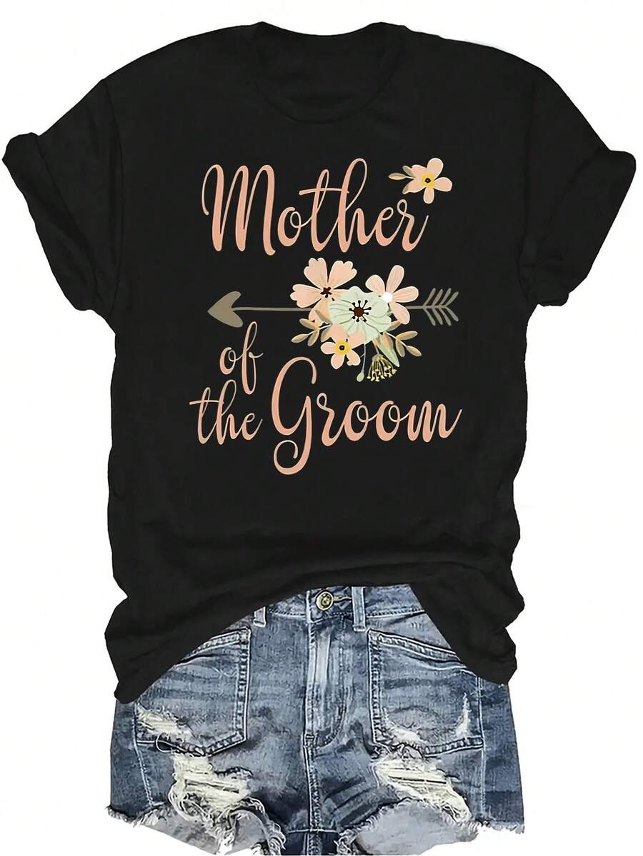 Camiseta para la madre de la novia o el novio, divertida y linda para fiesta de compromiso, para mujeres y unisex, de verano, casual, transpirable, de personalidad, de cuello redondo, de manga corta, ropa de calle, versátil, adecuada para adolescentes y adultos - Negro - Ver 1