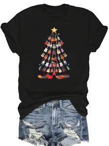 Camiseta con patrones interesantes para mujer y unisex, de verano, casual, transpirable, con cuello redondo, manga corta, estilo urbano y versátil, adecuada para adolescentes y adultos - Negro - Ver 1