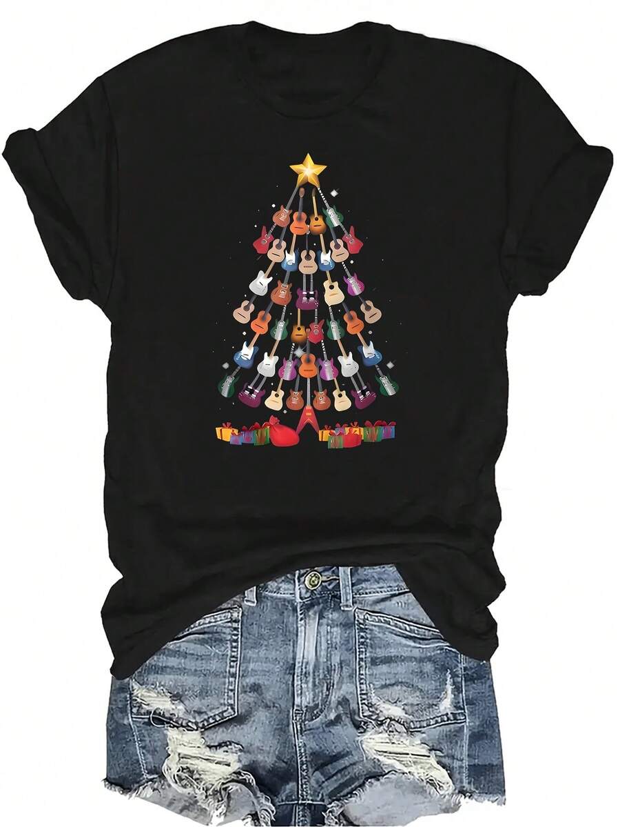 Camiseta con patrones interesantes para mujer y unisex, de verano, casual, transpirable, con cuello redondo, manga corta, estilo urbano y versátil, adecuada para adolescentes y adultos - Negro - Ver 1