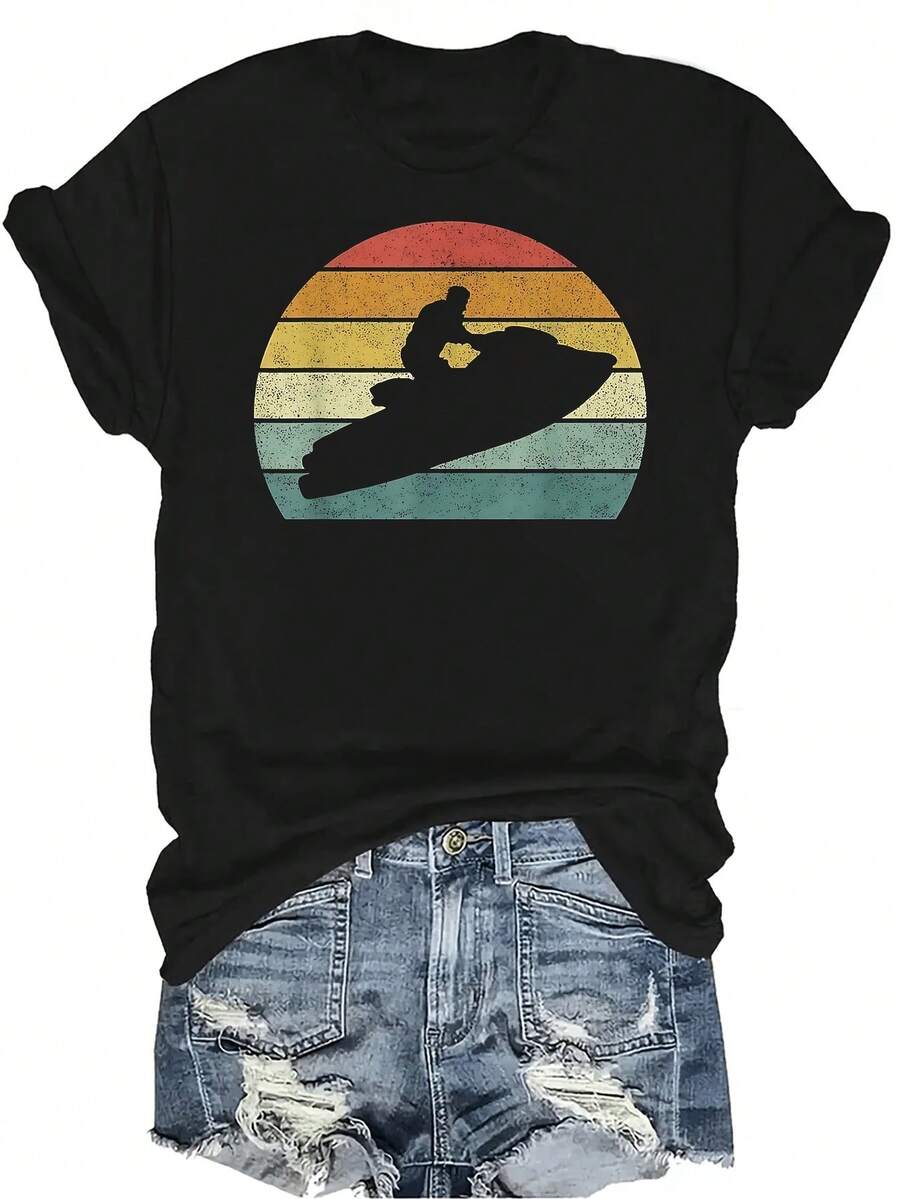 Camiseta de Jet Ski de estilo retro para mujer y unisex, de verano, deportiva y de playa. Camiseta casual, transpirable y de personalidad con cuello redondo y manga corta, adecuada para adolescentes y adultos. - Negro - Ver 1