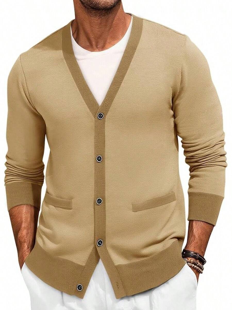 Men's Long Sleeve Button Down Knitted Cardigan Sweater With Pockets, Casual Style - Khaki Muda - View 1