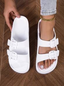 女士家居拖鞋、室内拖鞋、水鞋、浴室拖鞋、卧室拖鞋、平底拖鞋、轻便情侣厚底拖鞋 - 白色 - 查看 3