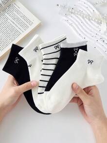 5 Pairs Women's Cute Breathable Striped Bow Polka Dot Pattern Short Invisible Socks, Ankle Socks, Christmas Gift, White Socks, Black Socks, Suitable For Daily & Casual Wear, Suitable For Fall&Winter, For All Seasons - Multicolor - View 7