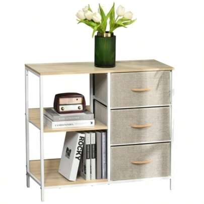 Chest Of Drawers Storage Dresser Cabinet Organizer With 3 Fabric Drawers And 2 Display Shelves Living Room, Bedroom, Hallway, Beige