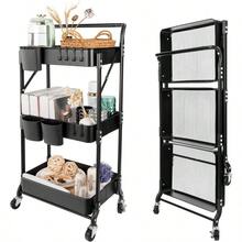 3 Tier Foldable Rolling Cart With Wheels Folding Utility Cart Organizer Collapsible Rolling Storage Cart With 3 Hanging Cups 6 Hooks For Kitchen Office Nursery Black - 黑色 - 查看 1