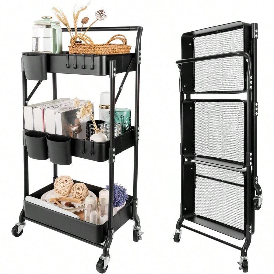 3 Tier Foldable Rolling Cart With Wheels Folding Utility Cart Organizer Collapsible Rolling Storage Cart With 3 Hanging Cups 6 Hooks For Kitchen Office Nursery Black - 黑色 - 查看 1