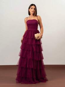 Tiered Prom Dress For Graduation And Bridesmaids. Elegant Conservative/Modest Sexy Casual Shiny Zipper Appliques Wedding Party Birthday Party Anniversary Party Graduation Party - 玫瑰紅 - 查看 1