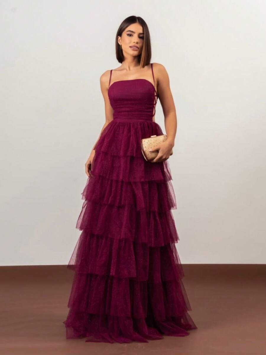 Tiered Prom Dress For Graduation And Bridesmaids. Elegant Conservative/Modest Sexy Casual Shiny Zipper Appliques Wedding Party Birthday Party Anniversary Party Graduation Party - 玫瑰紅 - 查看 1