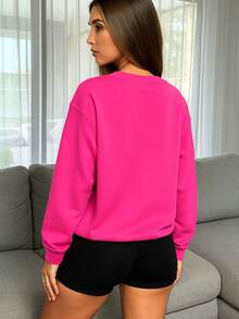 Ropa cómoda mujer Sudadera cuello redondo Sudadera de felpa - Rosa Fucsia - Ver 4