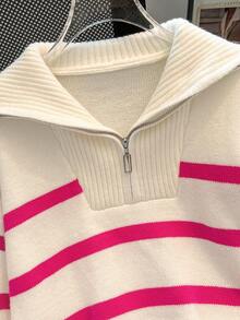 Herbst/Winter Neu Reißverschluss Damen gestreifter Strickpullover, modischer minimalistischer Pullover, vielseitig