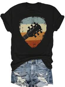 Camiseta de guitarra musical para mujer y unisex, de verano, casual, transpirable, con cuello redondo, manga corta, estilo callejero y versátil, adecuada para adolescentes y adultos - Negro - Ver 1