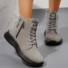 Bottes de neige confortables en patchwork pour femmes, avec bout rond et fermeture éclair, bottes de sport casual pour l'extérieur, bottes courtes, bottes cheville noires, chaussures pour femmes - Gris - Voir 2