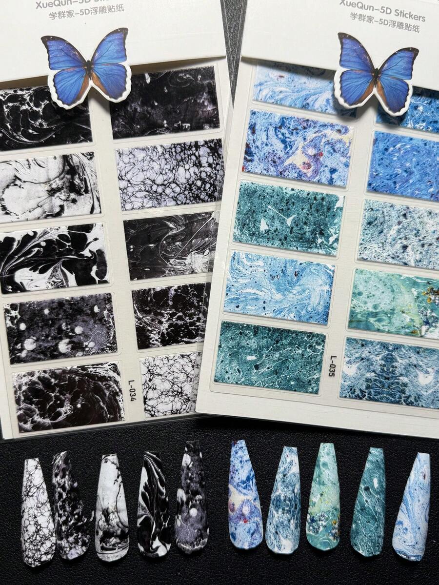 2packs Luxury Designer Original Design Marble Gradient Color Blending Watercolor Style Nail Sticker L034-L035
