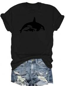Camiseta con gráfico de ballena para hombres - Cuello redondo casual, Camiseta de mujer y unisex de verano casual, transpirable, de personalidad, de cuello redondo, de manga corta, ropa de calle, versátil, adecuada para adolescentes y adultos - Negro - Ver 1