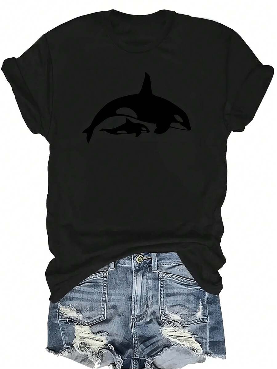 Camiseta con gráfico de ballena para hombres - Cuello redondo casual, Camiseta de mujer y unisex de verano casual, transpirable, de personalidad, de cuello redondo, de manga corta, ropa de calle, versátil, adecuada para adolescentes y adultos - Negro - Ver 1