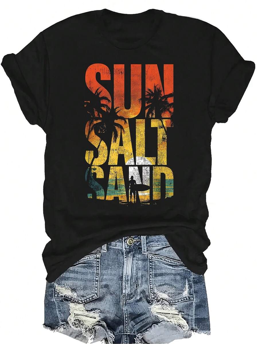 Camiseta de verano para mujer y unisex con diseño de sol, sal, arena y vacaciones en la playa. Prenda casual, transpirable y de personalidad con cuello redondo y manga corta, adecuada para adolescentes y adultos. - Negro - Ver 1