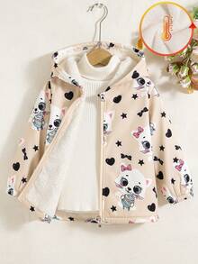 女童休闲户外时尚印花卡通图案常规版型拉链连帽抓绒外套，秋冬季带保暖内衬 - 卡其色 - 查看 12