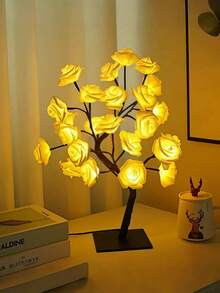 USB Powered Rose Tree Lamp - Comes With Data Cable/USB Rechargeable LED White Rose Tree Lamp - Flower Night Light, Adjustable Potted Design, Suitable For Home Living Room, Halloween, Bedroom And Party Decoration, Christmas Desktop Decor, Perfect Holiday Gift!
