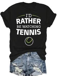Camiseta "Prefiero ver tenis" para mujer y unisex, de verano, casual, transpirable, con personalidad, cuello redondo, manga corta, ropa de calle, versátil, adecuada para adolescentes y adultos - Negro - Ver 1