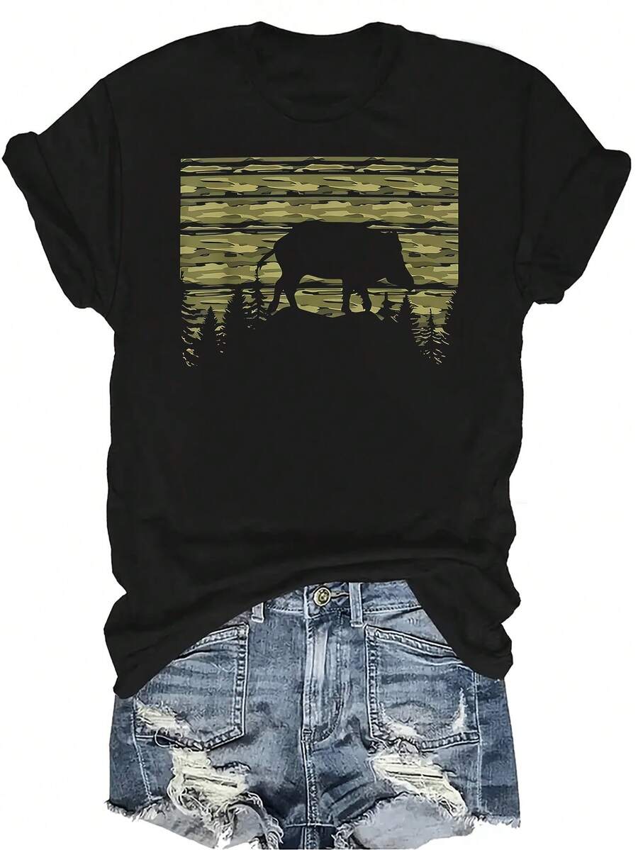 Camiseta de caza de alces para mujer, unisex, de verano, casual, transpirable, con personalidad, cuello redondo, manga corta, ropa de calle, versátil, adecuada para adolescentes y adultos - Negro - Ver 1