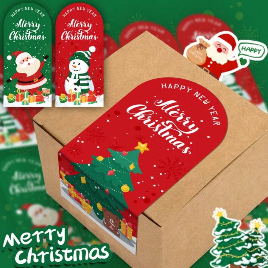 50 Stücke pro Packung Weihnachts-Aufkleber, Frohe Weihnachten Geschenkbox Siegelaufkleber, mit sechs Mustern wie Weihnachtsmann, Rentier, Weihnachtsbaum, Schneemann usw., Verpackungs-Dekorationsaufkleber