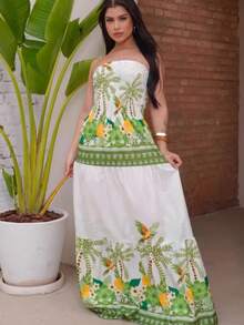 Look Of Millions!!! Long Strapless Dress With Floral Print - Lime Green - View 2