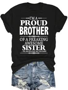 Camiseta PROUD BROTHER para mujer y unisex, de verano, casual, transpirable, con personalidad, cuello redondo, manga corta, estilo urbano y versátil, adecuada para adolescentes y adultos - Negro - Ver 1