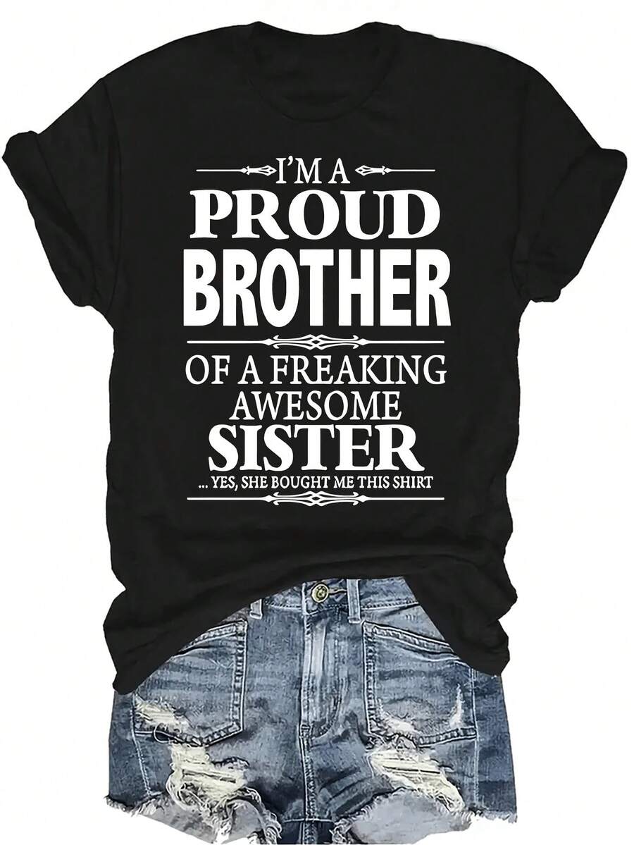 Camiseta PROUD BROTHER para mujer y unisex, de verano, casual, transpirable, con personalidad, cuello redondo, manga corta, estilo urbano y versátil, adecuada para adolescentes y adultos - Negro - Ver 1