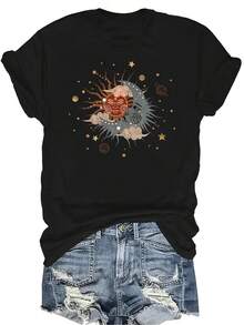 Camiseta retro con estampado de sol y luna para mujer y unisex, de verano, casual, transpirable y de personalidad, de cuello redondo y manga corta, para uso versátil, adecuada para adolescentes y adultos - Negro - Ver 1