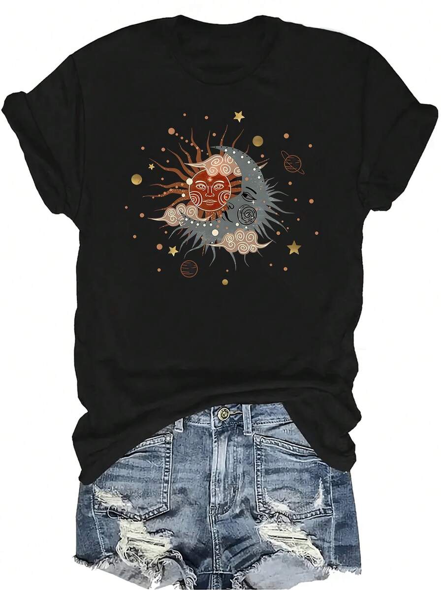 Camiseta retro con estampado de sol y luna para mujer y unisex, de verano, casual, transpirable y de personalidad, de cuello redondo y manga corta, para uso versátil, adecuada para adolescentes y adultos - Negro - Ver 1