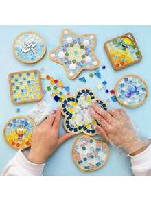 木制圆形杯垫、马赛克杯垫 - 圆形和方形杯垫、手工马赛克工艺品 DIY 套装、实惠的 DIY 木工礼品、自制父亲节礼物、工艺品、工艺套件、儿童工艺品、工艺用品>DIY 工艺品、DIY 套装、木制工艺套件