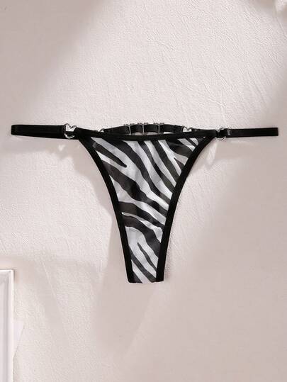 ROMWE Goth 1pc Comfortable Fitted Women Lace Zebra Print Thong Panty, Soft Breathable Underwear, Suitable For Daily Use, Multi-Pack S-XL, Versatile For All Seasons