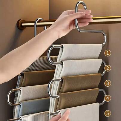 1pc5-Layer Stainless Steel Wardrobe Rack - S-Shaped, Anti-Slip, Seamless Multi-Layer Storage Rack, Suitable For Use In Wardrobes, Perfect For Jeans And Trousers. Space-Saving Design, Neat Wardrobe Organization, Clothing Storage Rack For Storage.