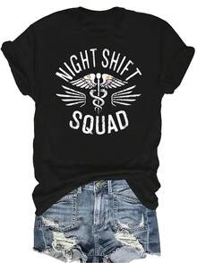 Camiseta de manga corta con cuello redondo, transpirable y de personalidad, adecuada para adolescentes y adultos, con emblema médico de turno nocturno, unisex y de uso casual en verano - Negro - Ver 1