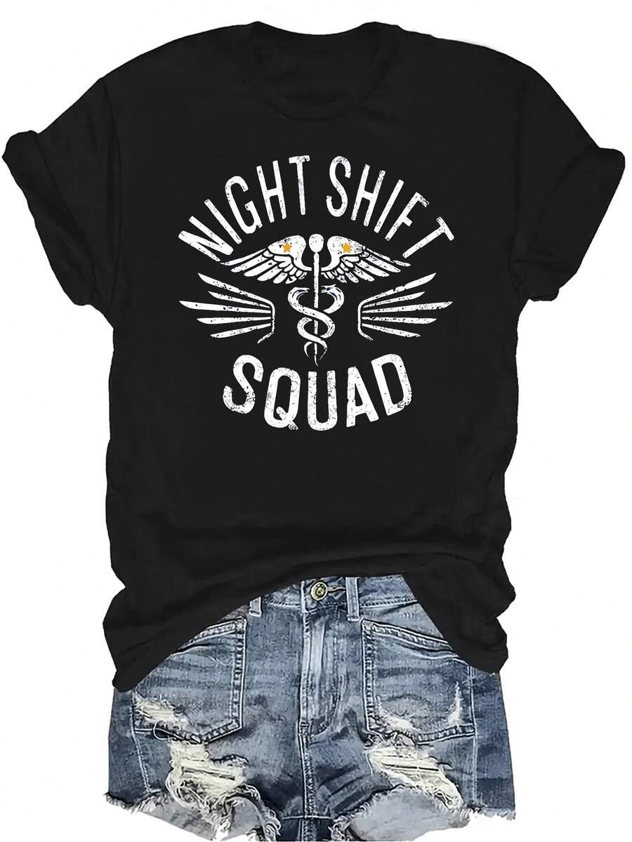 Camiseta de manga corta con cuello redondo, transpirable y de personalidad, adecuada para adolescentes y adultos, con emblema médico de turno nocturno, unisex y de uso casual en verano - Negro - Ver 1