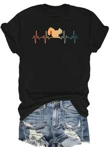 Camiseta con patrones interesantes para mujer y unisex, de verano, casual, transpirable, con cuello redondo, manga corta, estilo urbano y versátil, adecuada para adolescentes y adultos - Negro - Ver 1