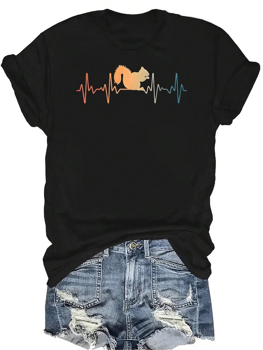 Camiseta con patrones interesantes para mujer y unisex, de verano, casual, transpirable, con cuello redondo, manga corta, estilo urbano y versátil, adecuada para adolescentes y adultos - Negro - Ver 1