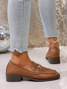 Solid Color Pure Metal Preppy Style Office High Heel Shoes, Non-Slip Thick Heel Square Toe Shoes, Simple Fashionable Sexy Comfortable Low Price Casual Loafers, Country Outdoor Ladies High Heel Shoes, Dance Shoes, Fashion Shoes