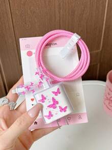 5 件套热粉色蝴蝶印花充电配件套装 - 20W/18W 充电器、充电线保护器、充电器头盖，兼容 11 12 13 14 15 16 17 充电器保护器充电器外壳手机配件 - 熱粉色. - 查看 2