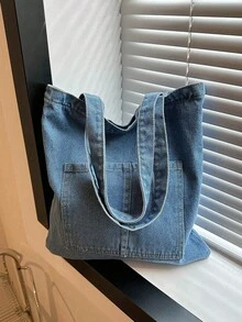 Light Wash Denim Effect Canvas Tote Bag, Multi-Pocket Commuting Handbag, Women's Large Capacity Tote Bag With Inner Pockets, Soft And Washable - Baby Blue - View 13