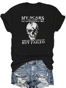 Camiseta con diseño de calavera rota "Mis cicatrices" para mujer y unisex, de verano, casual, transpirable, de personalidad, de cuello redondo, de manga corta, de uso versátil, adecuada para adolescentes y adultos - Negro - Ver 1