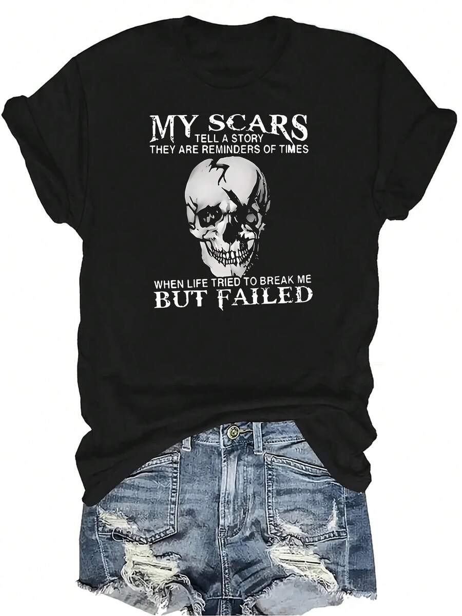 Camiseta con diseño de calavera rota "Mis cicatrices" para mujer y unisex, de verano, casual, transpirable, de personalidad, de cuello redondo, de manga corta, de uso versátil, adecuada para adolescentes y adultos - Negro - Ver 1