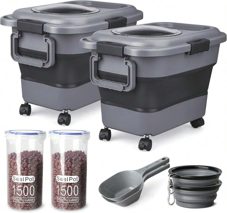 TIOVERY Dog Food Storage Container,10-20 Lbs Airtight Collapsible Cat Food Storage Container With Attachable Wheels, Portable Handle, Dog Food Scoop For Dog Cat Bird Pet Dry Food Storage Bin - Gói MediumGrey2 - Xem 1