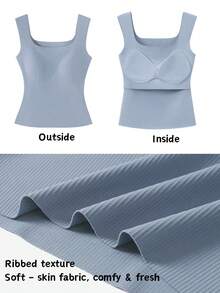 Women's Built-In Bra Tank Top Ribbed Slim Fit Wirefree Shelf Padded Tank Shirts Wide-Strap Square Neck Undershirt - 藍色 - 查看 5