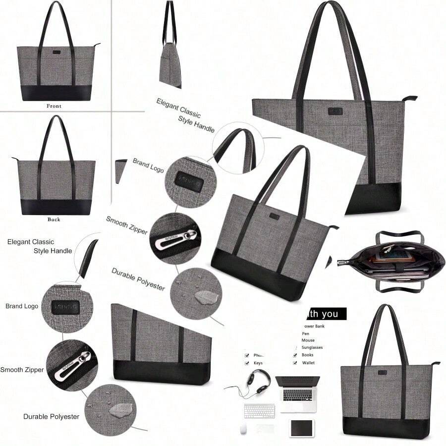 Laptop Tote Bag For Women 1516 Inch Polyester PU Leather Lightweight Business Travel School Bag With Front 3 Pockets