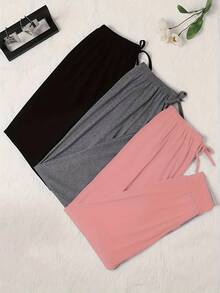 3pcs Comfortable Solid & Printed Women Pajama Pants, Polyester Knit Fabric, Casual Style Ladies Trousers, Suitable For Spring, Summer, Autumn, Winter Clothes - Multicolor - View 3