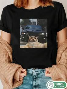 1PC 100% Cotton Floppa and Car Graphic Print Women's Short Sleeve TShirt  Relaxed Fit Trendy Tee Comfort Style Top - Negro - Ver 1