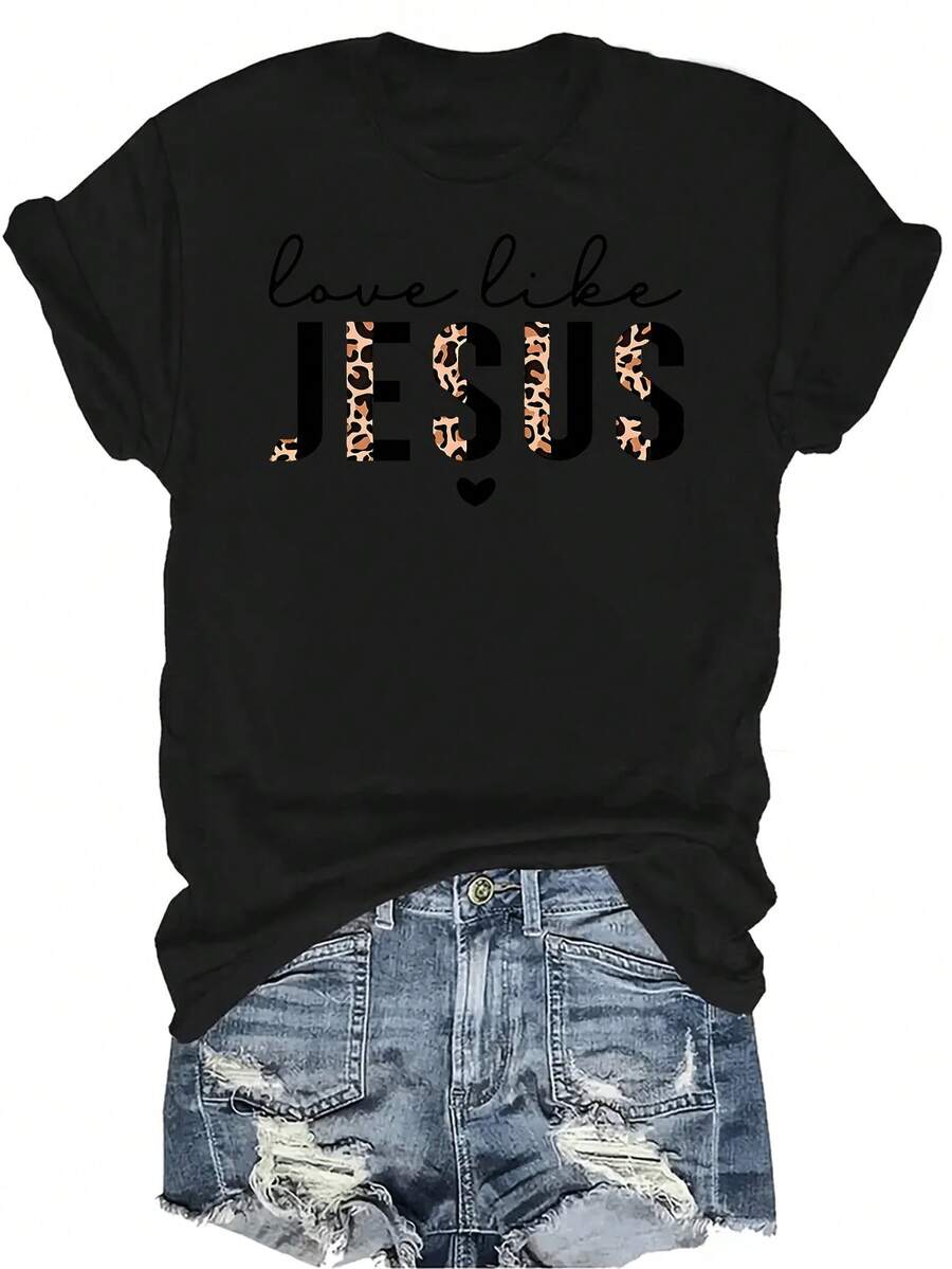 Camiseta "Ama como Jesús" para mujer y unisex, de verano, casual, transpirable, con personalidad, cuello redondo, manga corta, ropa de calle, versátil, adecuada para adolescentes y adultos - Negro - Ver 1