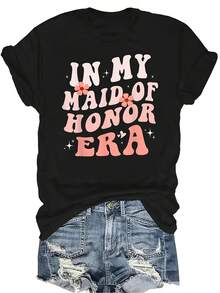 Camiseta "En mi era de dama de honor" para mujer, unisex, de verano, casual, transpirable, con personalidad, cuello redondo, manga corta, ropa de calle, versátil, adecuada para adolescentes y adultos - Negro - Ver 1