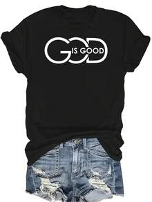 Camiseta "Dios es bueno" para mujer y unisex, de verano, casual, transpirable, con personalidad, cuello redondo, manga corta, ropa de calle, versátil, adecuada para adolescentes y adultos - Negro - Ver 1